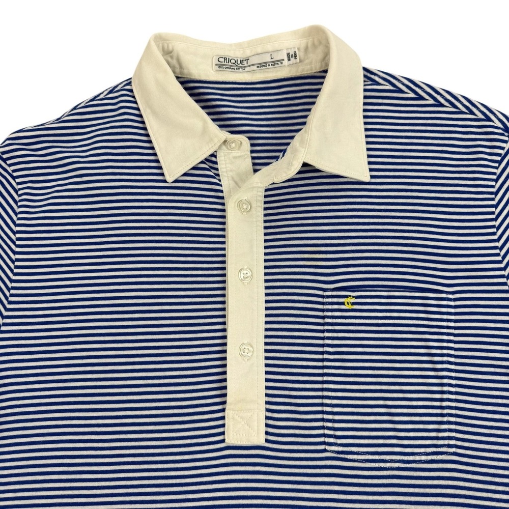 Criquet Polo Shirt Mens Large Blue Stripe Organic Cotton Pocket Golf Casual Top